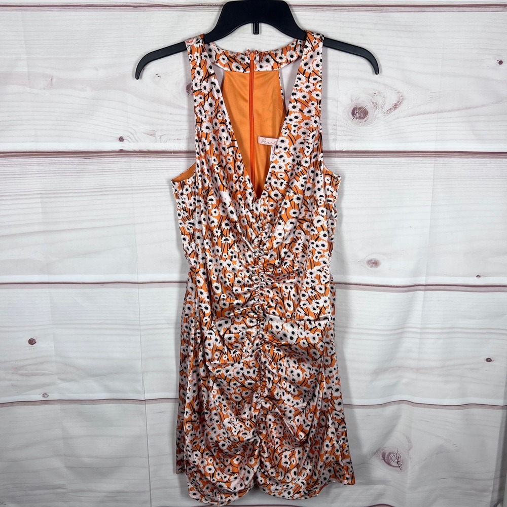 Hutch Mini Dress Women Medium Orange Floral Ruched Satin V-Neck Sleeveless Lined